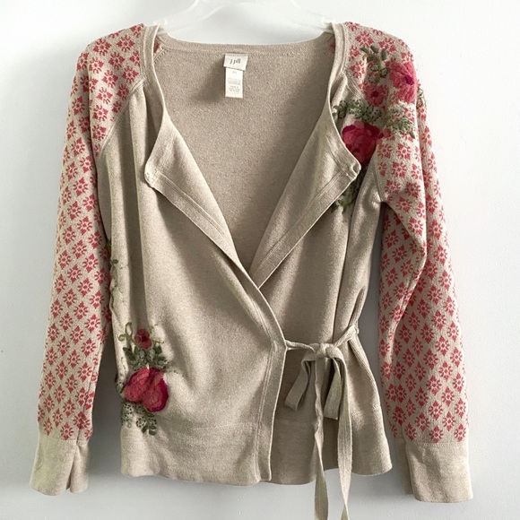 Cotton Floral Embroidered Wrap Sweater 